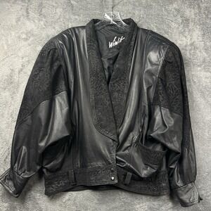 Vintage 1980s Winlit Jacket Women's Large Black Leather Suede Bomber Snap Floral